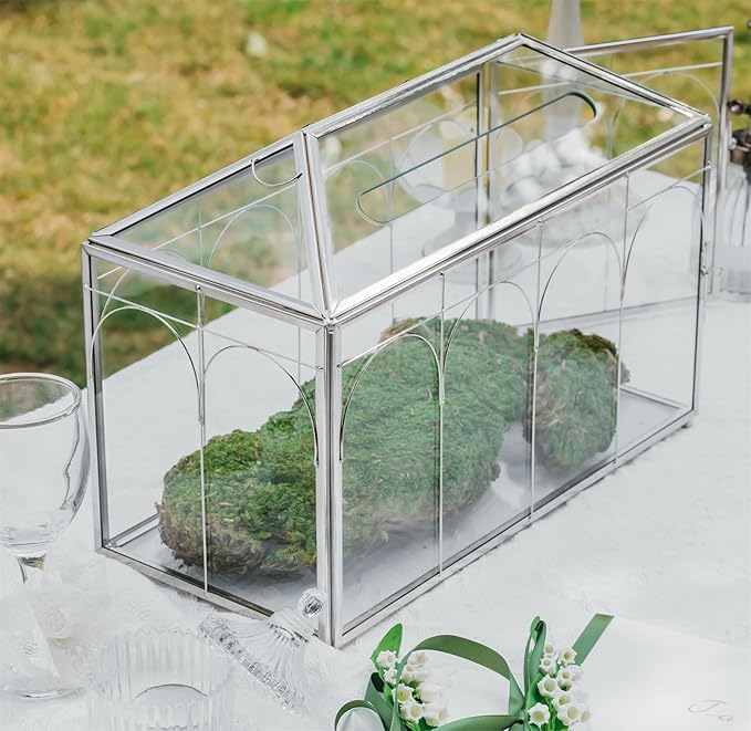 NCYP Glass Cards Box with Slot & Lock for Wedding - 12.6" x 5.9" x 9" Vintage Geometric Terrarium, Wishwell, Party, Home Reception, Tabletop Decor, Silver (Glass Box Only)