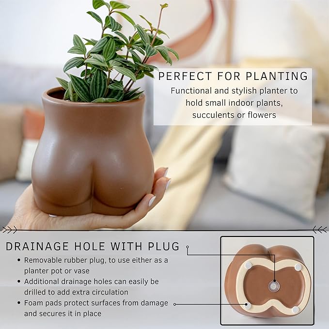 BASE ROOTS Plant Pot Ceramic Planter Vase with Drainage for Succulents, Cactus, Flowers - Ideal for Boho Indoor & Outdoor Garden, Aesthetic Living Room, Bedroom, Desk Organizer Decor & Gift Idea