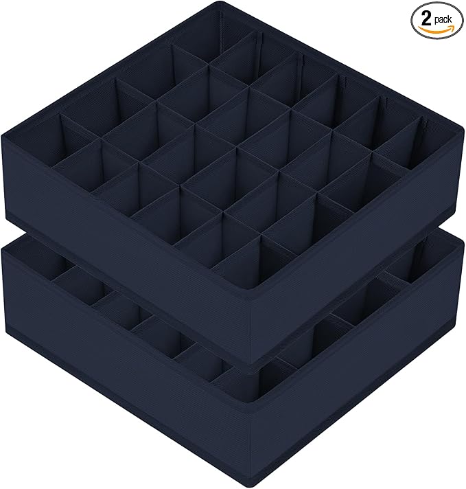 Joyoldelf Drawer Organizer - 2 Pack Underwear Holder, 24 Cells Collapsible Closet Organizer and Storage for Belts, Ties (Navy Blue)