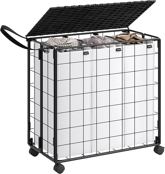 SONGMICS Laundry Hamper, 130L Laundry Basket with Lid, Clothes Hamper with Wheels, Collapsible Removable Liner Bag, Iron-Made Laundry Sorter, Ink Black and Cloud White ULCB313B12
