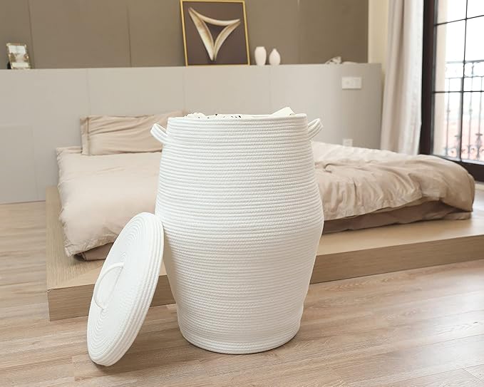 26" x 20" Tall Extra Large Storage Basket with Lid, Cotton Rope Storage Baskets, Woven Laundry Hamper with Cover, Cloth Storage Bin, for Clothes Towels in Living Room, All White
