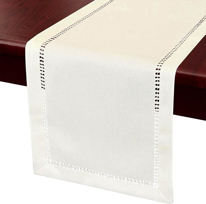 Grelucgo Small Short Handcrafted Solid Color Dining Table Runner, Dresser Scarf, Double-Hemstitched (Cream, 14 x 36)