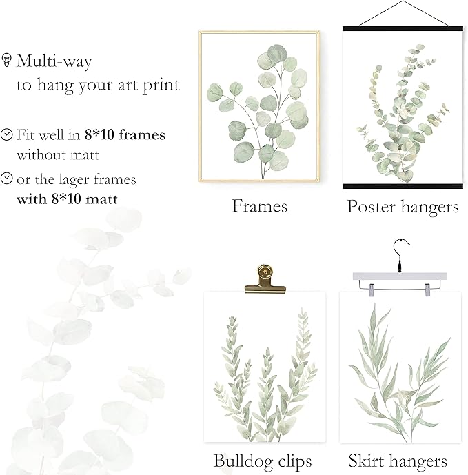 Botanical Boho Bathroom Decor Wall Art Prints, UNFRAMED Sage Green Plants Decor for Bedroom|Office, Minimalist Eucalyptus Leaves Watercolor Art Prints, Set of 4 Pictures, 8"x10" No Frames