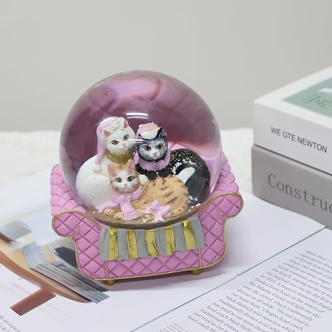 Cat Snow Globes for Girls - 100MM Pink Glitter Glass Snowglobe for Kids, Christmas Snow Globe, Snow Globes Home Office Table Decor Birthday Gift (Pink)