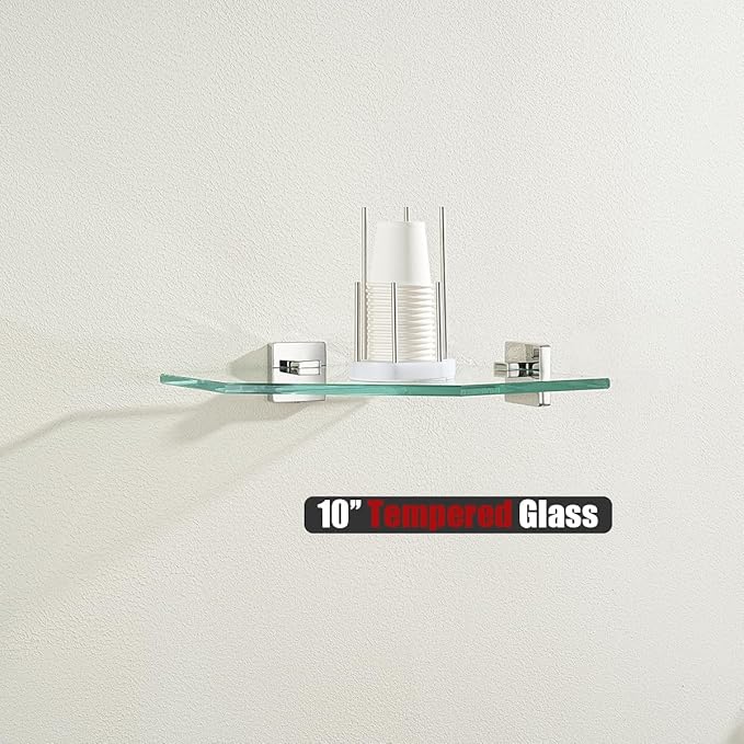 JQK Corner Glass Shelf, Polished Chrome Bathroom 304 Stainless Steel Shower Triangle Floating Wall Shelf, 10 x 10 Tempered Glass, 2 Pack, TGS290L10-CH-P2