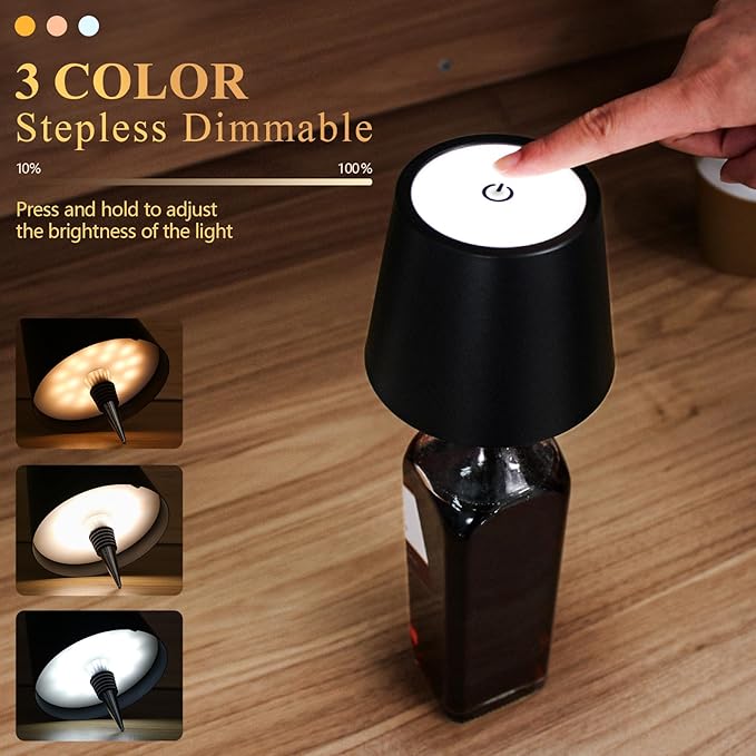Wireless Bottle Lamp, 2025 New 3 Color Rechargeable Wine Bottle Lights, Bottle Lamp Shade with Touch Dimming for Bedroom, Bar, Restaurants and Outdoor Use (Black)