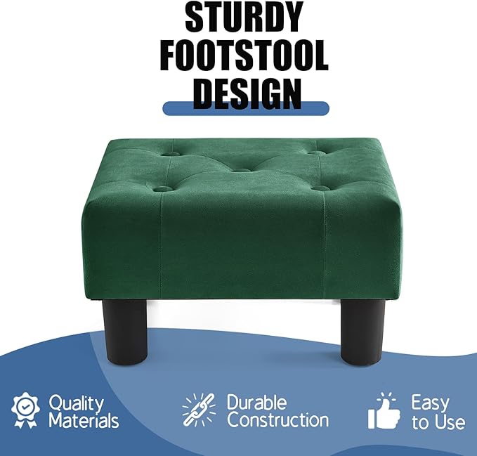 BRIAN & DANY Small Foot Stool, Velvet Foot Stools with Legs, Stable Small Footstool for Living Room, Green
