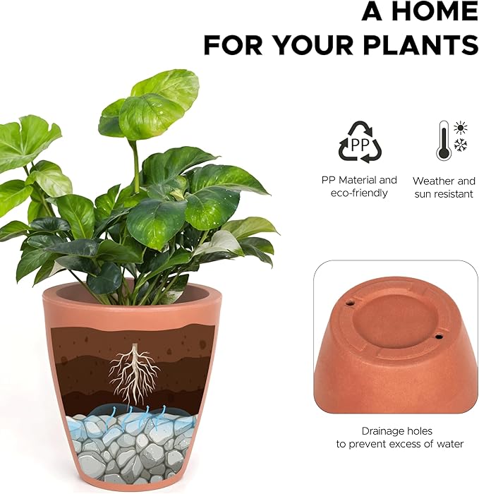 Elly Décor 12 inch Planter for Garden with Drainage, Large Round, Lightweight & Extremely Durable, Deck Indoor/Outdoor Plastic Pot, 12"x12"x7", Terracotta