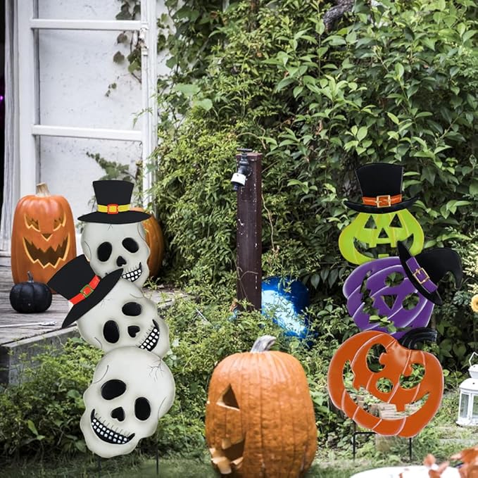 hogardeck Halloween Decorations Outdoor, 2PCS Stacked Skull Pumpkin Decorative Garden Stakes for Halloween Decor, Metal Yard Signs for Outside Garden Lawn Porch Party Decorations