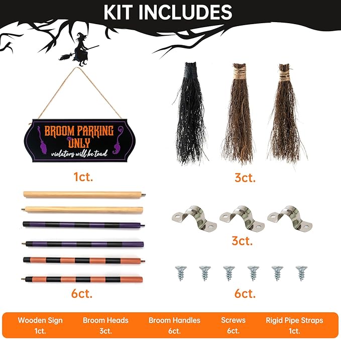 Porch Halloween Decorations - Halloween Broom Parking Sign with 3 Wooden Witches Brooms Decor - Witches Decoration Sign for Home Indoor Outdoor Front Porch Wall Office