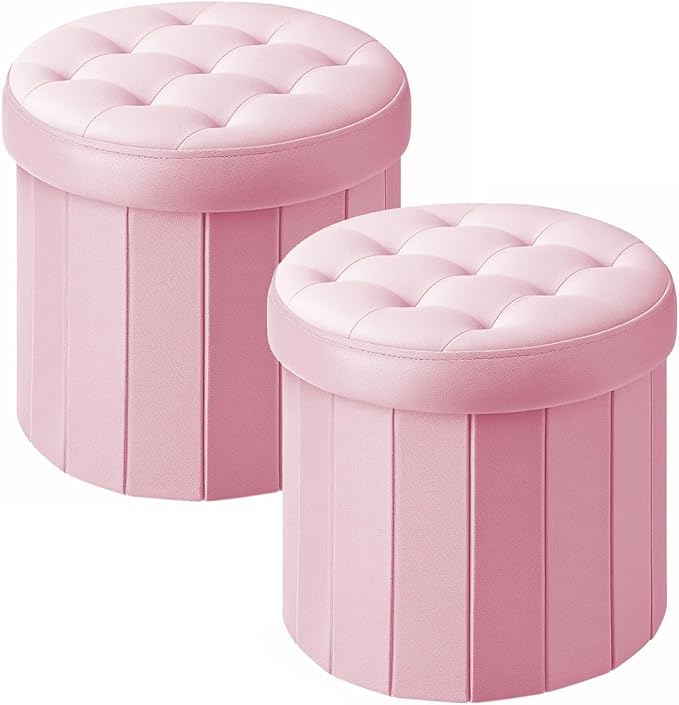 Ottoman with Storage, Foot Rest Stool with Thicker Foam Padded Seat Velvet Small Round 14“ x 14” x 13 "Inchs Storage Ottoman Bench for Living Room Foldable Pouf Coffee Table 2 Pack, Pink