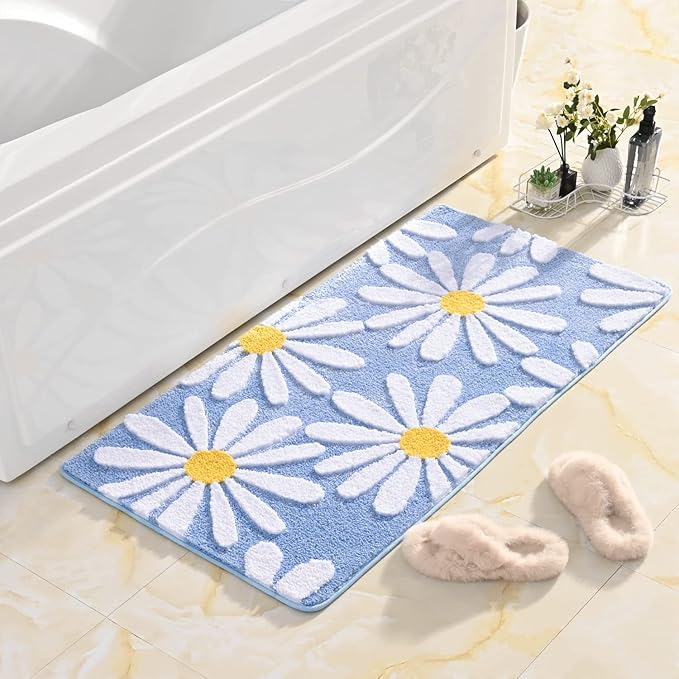 QJHOMO Blue Bathroom Rugs Cute Daisy Bath Mat White and Yellow Flower Decor Rug Non Slip Floor Carpet Microfiber Bathmat Super Absorbent Machine Washable Bathtub Mats for Shower (24x48 inch)