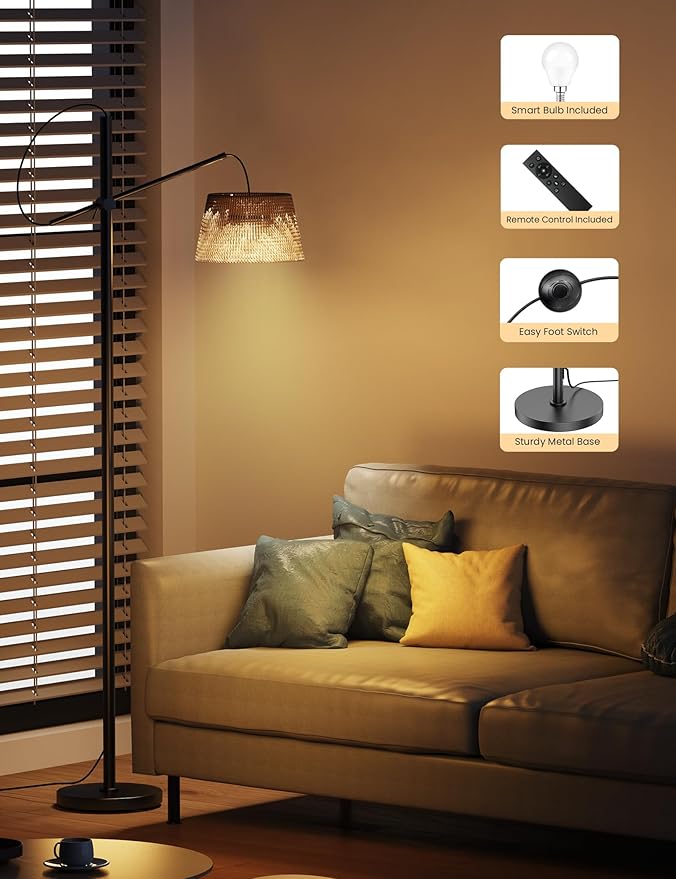 Arc Floor Lamp with Remote, Boho Floor Lamp with 3 Color Temperatures, 2700K-6500K Dimmable Rattan Standing Lamp with LED Bulb and Foot Switch, Adjustable Tall Lamp for Living Room Bedroom