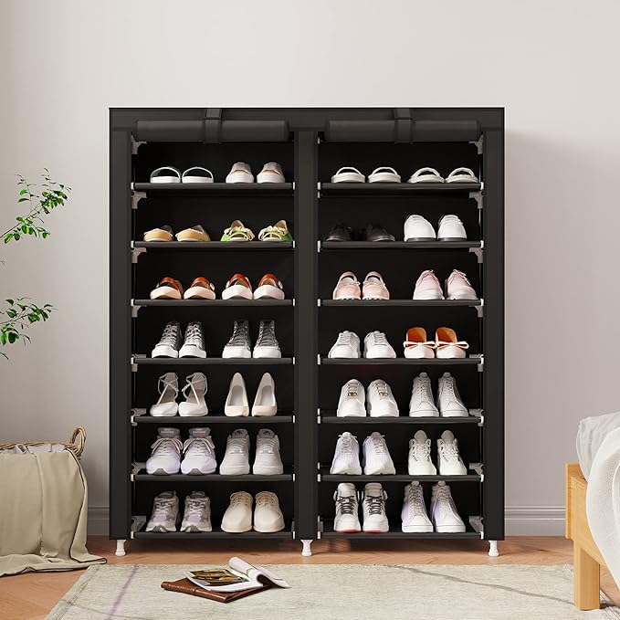 MOYIPIN Shoe Rack Storage Organizer, Double Row Portable Nonwoven Fabric Cover Shoe Rack Holds up to 28 Pairs 36.2 x 11.2 x49.2 Inches Black