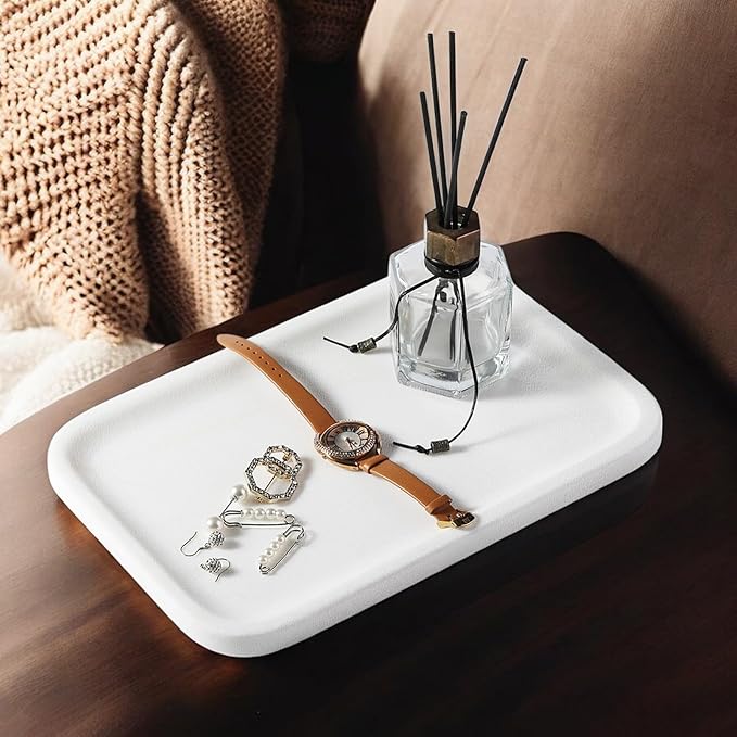 Koville Marble Vanity Tray, 12"x8" Marble Organizer Tray for Countertop Bathroom Kitchen Dresser, Rectangular Decorative Jewelry Dish for Cosmetics Perfume Trinket(White)