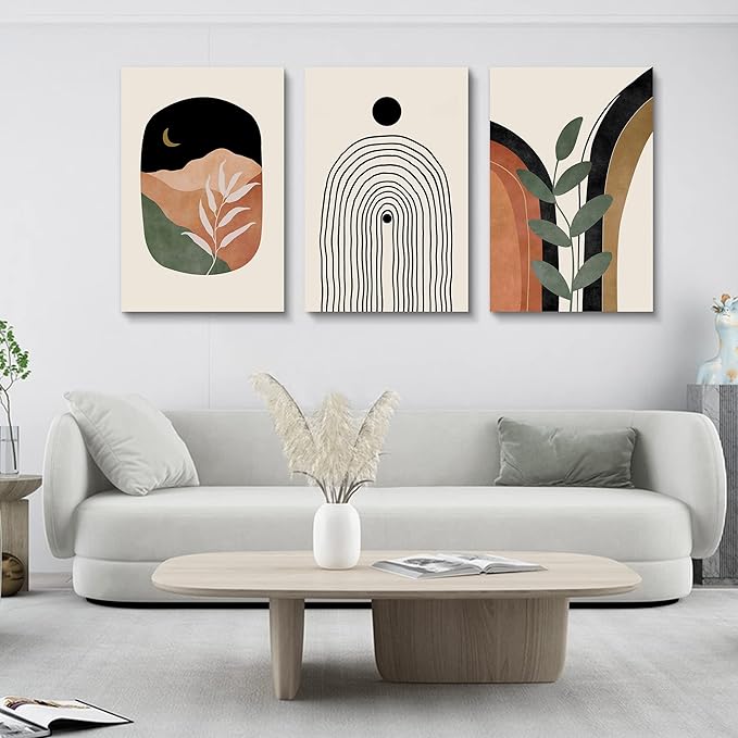 Boho Wall Art Set of 3, Mid Century Modern Canvas Wall Painting, Neutral Abstract Geometric Prints for Bedroom, Bathroom, Living Room, Office