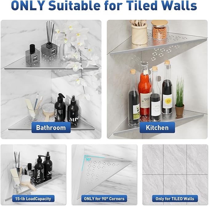 Corner Shower Shelf 10" Slot Design Bathroom Shower Shelves for Tiled Wall, 304 Stainless Steel Recessed Organizer Corner Shelves for Inside Shower Decor, Silver, 2 Pack
