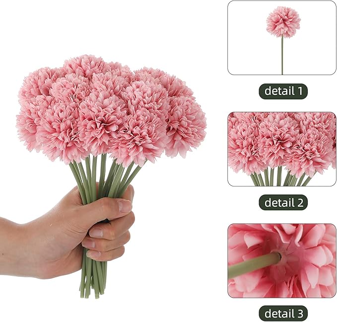 Kimura's Cabin 20Pcs Fake Silk Flowers Chrysanthemum Artificial Ball Flower Faux Mums Flowers Bouquets for Halloween Party Home Dining Table Core Decoration (Dark Pink, Pack of 20)