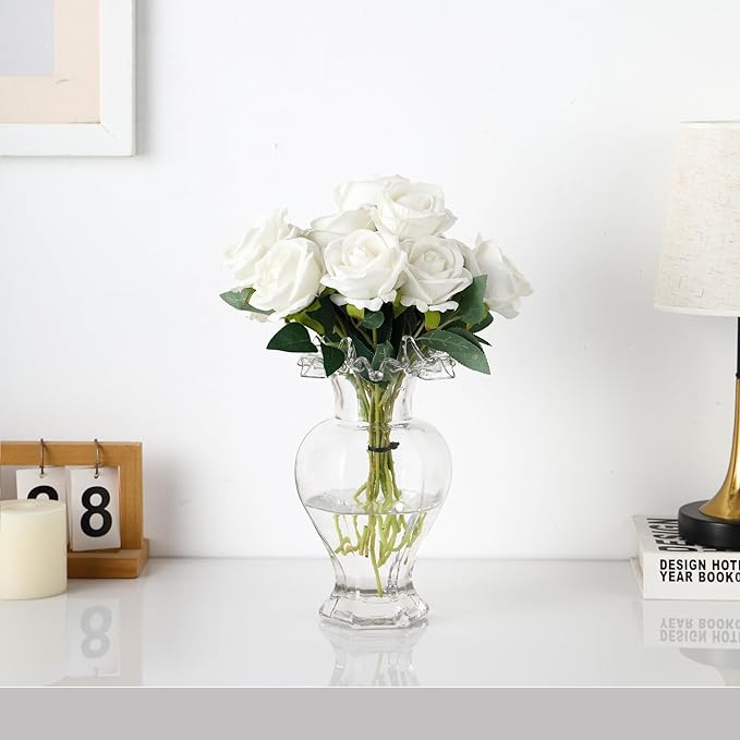 Large Glass Vase, Clear Vase for Flowers, Flower Vases for Bouquet, Glass Flower Vases for Living Room, Dining Table, Shelf, Wedding, Office, Coffee Table, 9.5 Inches
