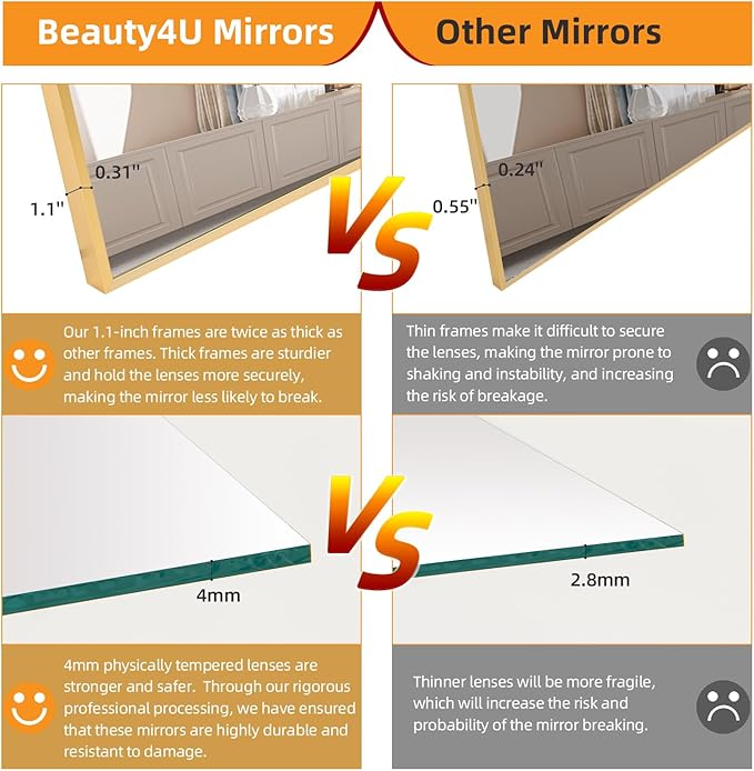 Beauty4U 71" x 32" Large Full Length Mirror with Stand, Gold Wall Mounting Full Body Mirror, Metal Frame Full-Length Tempered Mirror for Living Room, Bedroom
