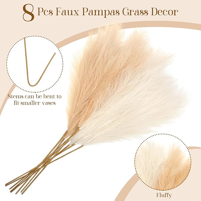 Ouddy Decor 8 Pcs Faux Pampas Grass Decor 38''/97cm Tall Artificial Large Pompous Pompas Floral Fluffy Fake Plants Floor Vase Filler for Wedding Kitchen Home Boho Decorations, Mixed Beige