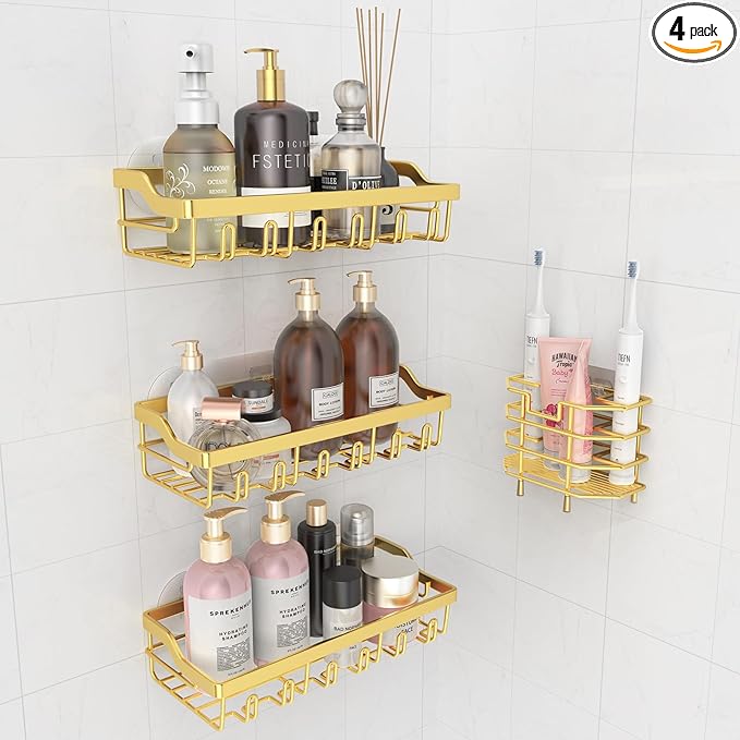 4 Pack Shower Caddy, Adhesive Shower Organizer for Bathroom Storage, Rustproof Stainless Steel Shower Shelves, No Drilling, Large Capacity Shower Rack Shelf for Inside Shower, Gold