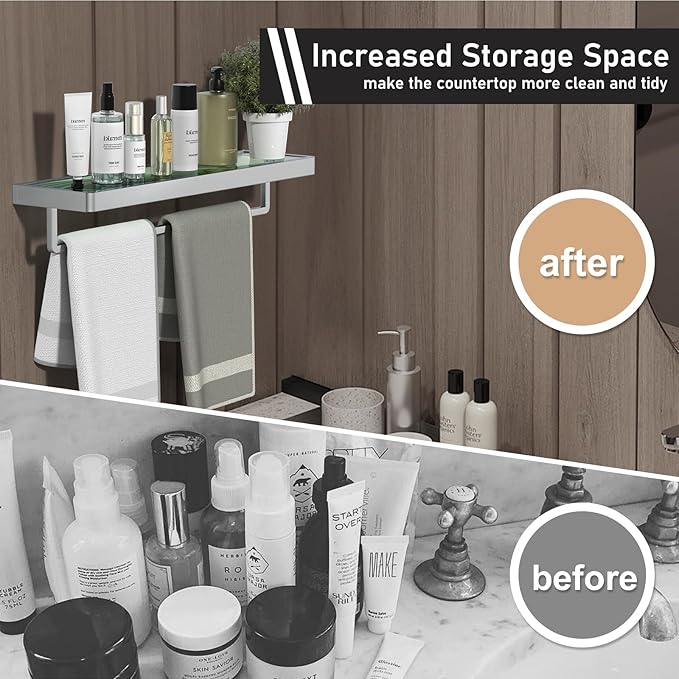 Bathroom Shelves/Glass Shelf Wall Mount 20-in with Towel Bar/Rack Floating Shelves for Bathroom Tempered Glass Rectangular 1 Tier Organizer Wall Shelf (Chrome Polished, 20'')