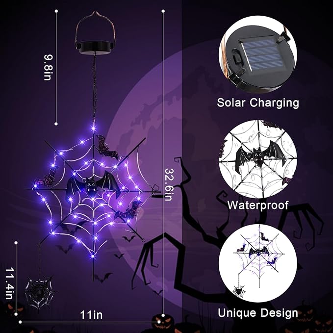 ILLUMINEW Solar Halloween Metal Hanging Decorations Outdoor, LED Lighted Metal Web with Spider for Halloween Outdoor Tree, Wall, Porch, Patio Decor (Web)