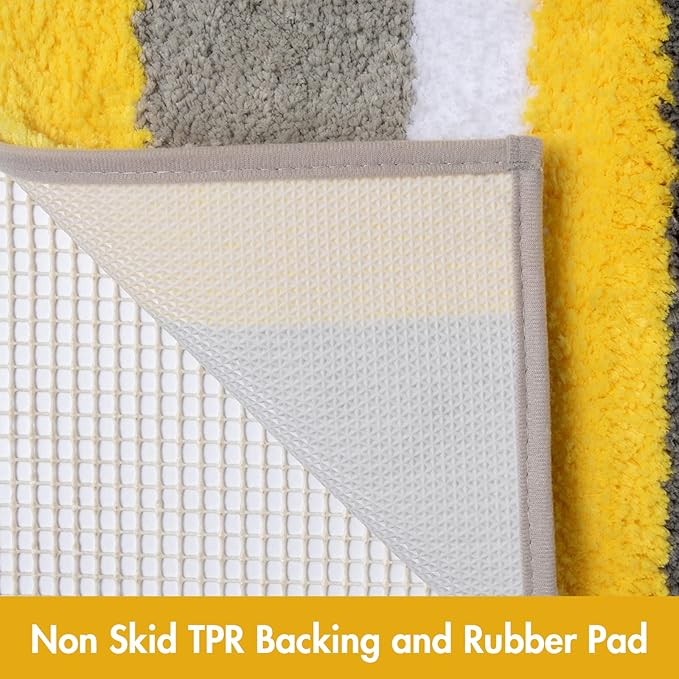 MIULEE Fluffy Bathroom Rugs Bath Mats Rugs Microfiber Striped Shower Rug Absorbent, Soft and Plush Machine Washable Non Slip Carpet Quick Dry for Bathroom Floor Tub, 20x30 Inch, Yellow-Grey