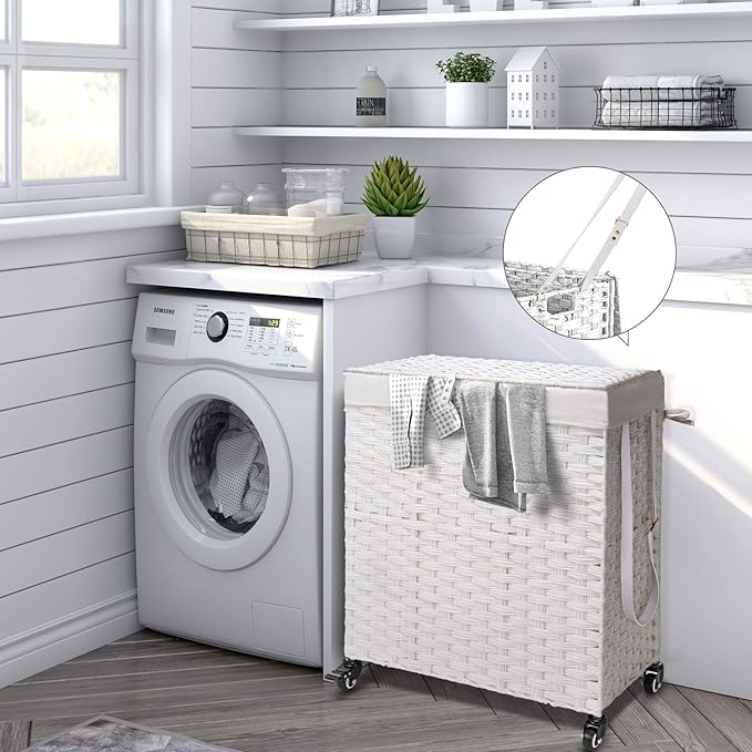 Greenstell Laundry Hamper with Wheels, No Install Needed, 110L Divided Handwoven Hampers & 2 Removable Liner Bags, Rattan Clothes Laundry Basket with Lid & Handles, Foldable Hampers White