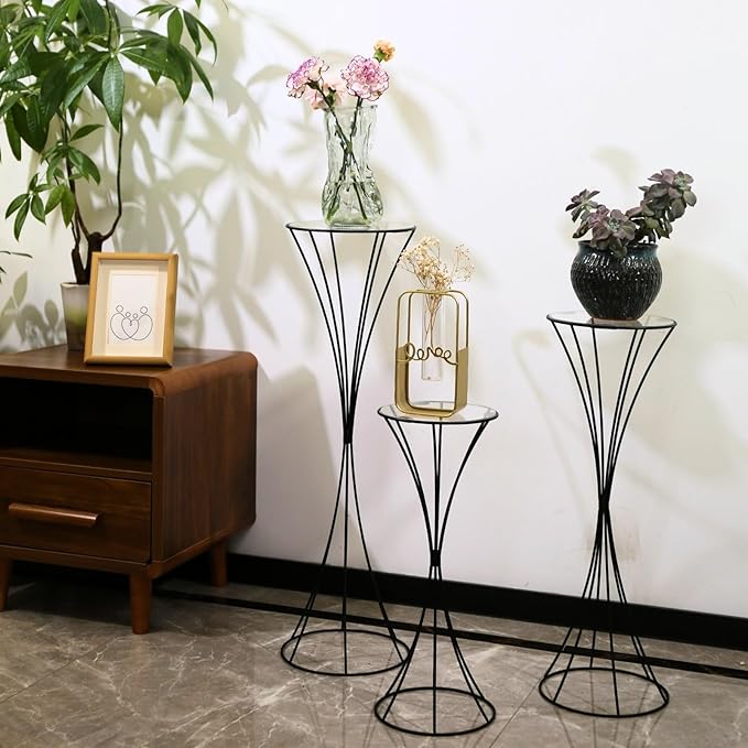3PCS Hourglass Black Plant Stand Flower Stand for Party, Tall Metal Pedestal Stands for Display Decoration Birthday Wedding Living Room Patio Decor Backdrop