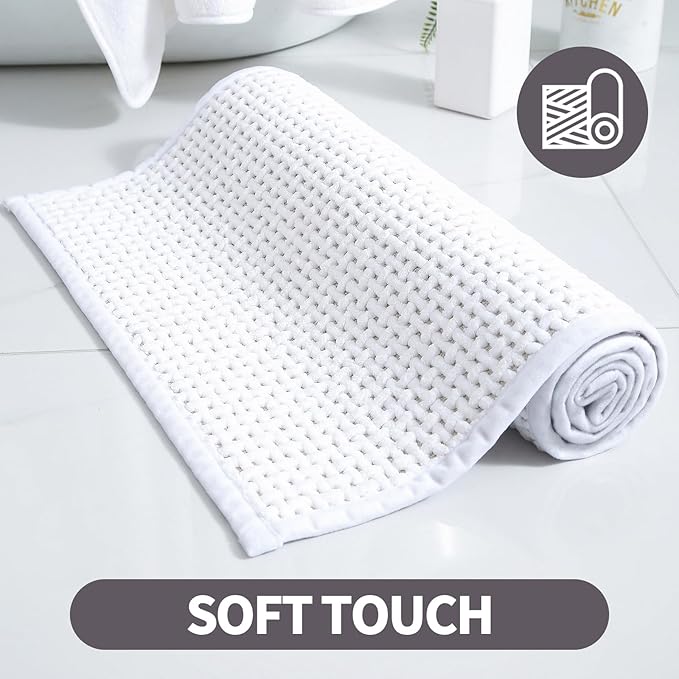 Washable Bathroom Rugs: 47x20 White Runner Bath Mat – Non Slip Chenille Bathmat for Bathroom Floor & Shower