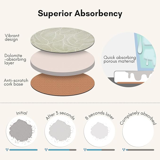 Ceramic Absorbent Coasters Set of 6 with Holder, Marble Drink Coasters for Coffee Table, Water Absorbing Coaster (Leaf)