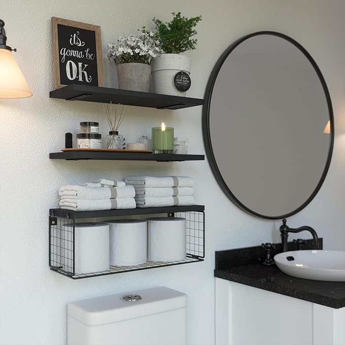 WOPITUES Bathroom Shelf Over Toilet, Floating Bathroom Shelf Wall Mounted with Wire Basket, Floating Shelf for Wall Décor-Black