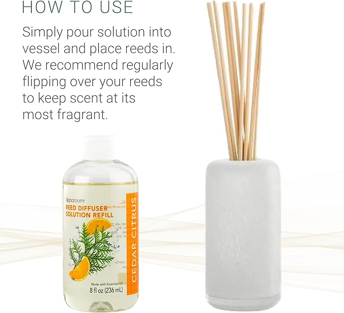 SpaRoom Reed Diffuser Oil Refill – Cedar Citrus Scent, 8oz Bright and Earthy Blend with Lemon Essentials, Invigorating Aroma for Home, Spa, or Office, Long Lasting Fragrance Solution