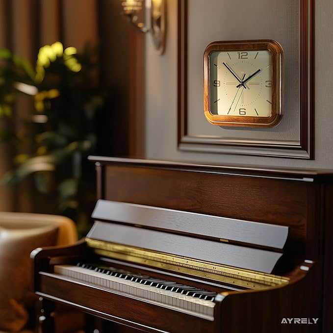 AYRELY® Rectangular Wooden Wall Clock – 16 Inch Large Vintage Wall Clock with Solid Elm Wood Frame, Metal Dial – Decorative Battery Operated Clock for Living Room, Kitchen, Office