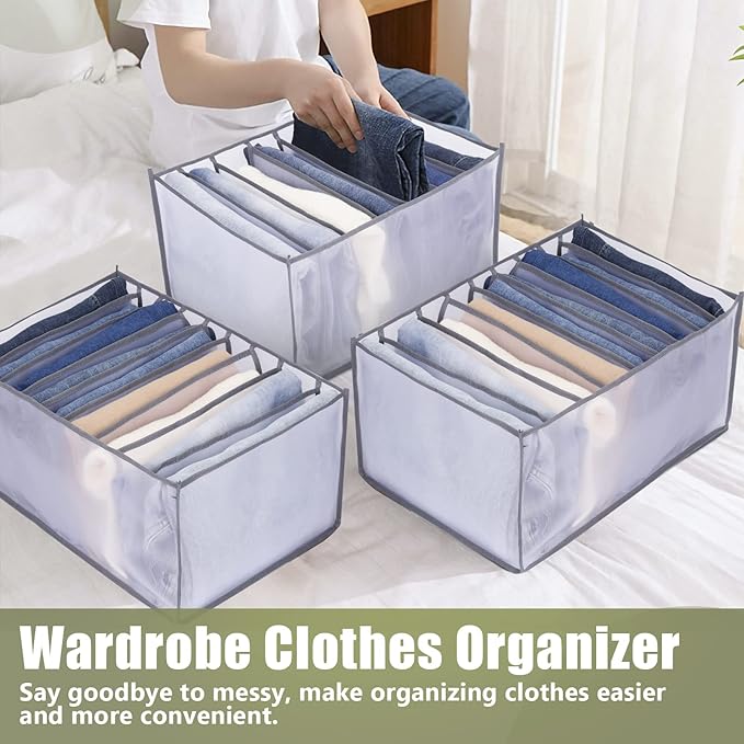 TOOVREN Jeans Organizer 3PCS, Pants Organizer, Wardrobe Clothes Organizer, Drawer Organizers for Clothing, Mesh Clothes Organizer for Folded Clothes, Drawer Dividers for Clothes, Large Size,7 Grids