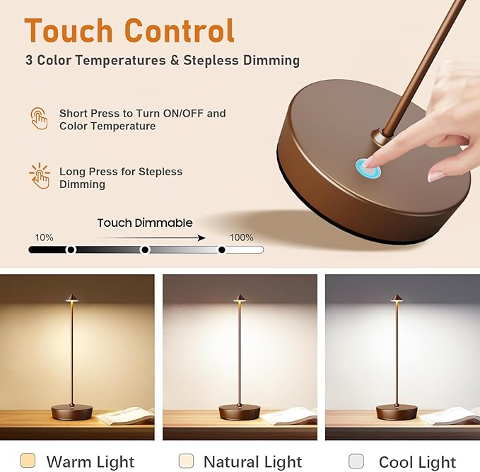 Set of 2 Rechargeable Cordless Table Lamp,6000mAh LED Battery Operated Desk Lamp Touch 3 Color Dimming Portable Outdoor Waterproof Table Light for Patio/Restaurant/Dining/Home (Coffee)