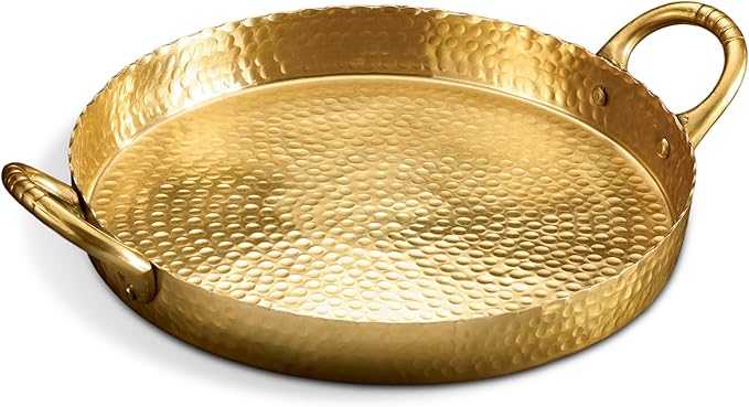 Round Hammered Design with Handles - 13.75 Inch Gilded Gold Aluminum Multipurpose Serving Tray