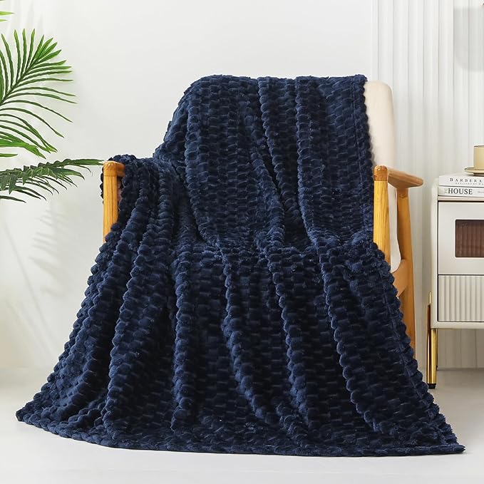 Exclusivo Mezcla Extra Large Soft Fleece Throw Blanket, 50x70 Inches Stylish Jacquard Throw Blanket for Couch, Fuzzy Cozy Lightweight for All Season, Navy Blue