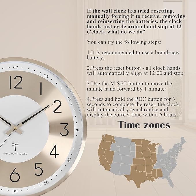 Atomic Analog Wall Clock 14 Inch Battery Operated Wall Clocks Radio Controlled Clock Sets Automatically Gold Large Wall Clock Decor Kitchen Living Room Bedroom