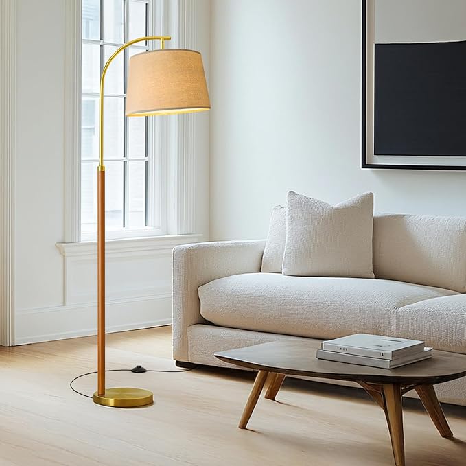 62.5" Gold Floor Lamp for Living Room Dimmable Standing Lamp with Remote & Foot Switch, 3 Color Temperatures Arc Tall Lamp Wood Mid Century Modern Floor Lamps for Bedroom Office, 9W Bulb Included
