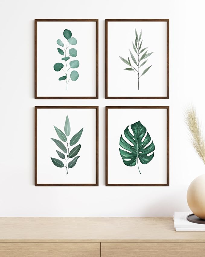HAUS AND HUES Plant Wall Art - Botanical Prints Wall Art, Green Wall Art Collection Set Plant Pictures Wall Art, Leaves Paintings Minimalist Sage Green Wall Decor (11x14, Framed Walnut)