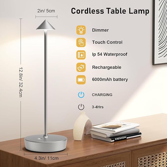 Rechargeable Cordless Table Lamp, 6000mAh LED Battery Operated Desk Lamp Touch 3 Color Stepless Dimming Portable Outdoor Waterproof Table Light for Patio/Restaurant/Dining/Home (Silver)