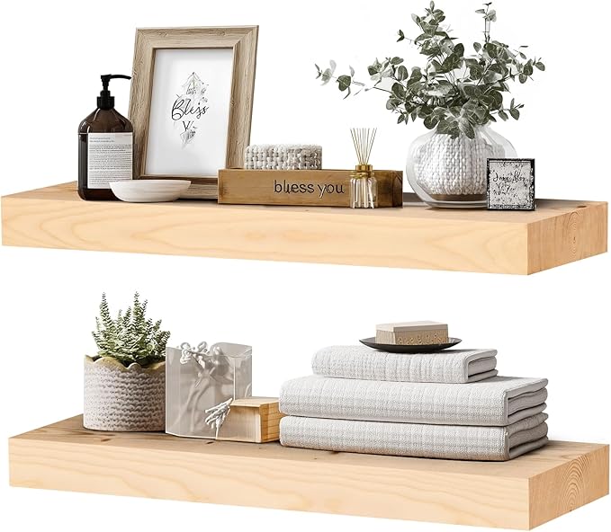24x8x1.6 inch Floating Shelves Set of 2 – Solid Wood Rustic Wood Wall Mounted Shelf for Kitchen, Bathroom, Living Room