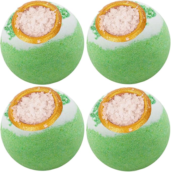 Green Tea Coarse Salt Bath Bombs Balls,4 Pack Gift Set,Moisturizing Dry Skin,Fizzy Spa,Relaxation,Self Care,Relaxing,Bubble Bath Bomb Idea for Men Women