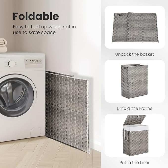 Sweetcrispy Foldable Laundry Hamper–Large Capacity Clothes Basket with Lid, 23.8 Gallon (90L) Bin for Bedroom, Bathroom, and Wash Room–Double Insert Storage Organizer, Dove Gray