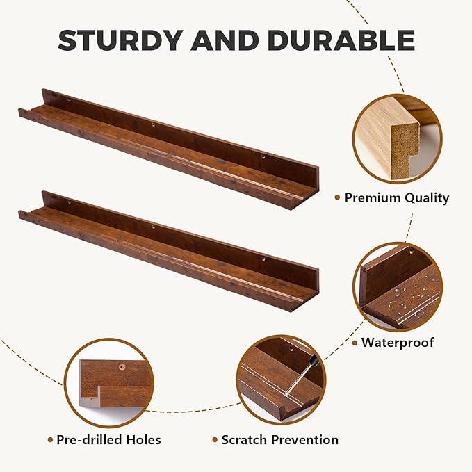 Muzilife 35.4" Large Floating Wall Ledge Shelves with Lip - Set of 2 Rustic Wood Floating Shelves - Honey Brown Wall Mounted Picture Ledge for Office, Bathroom, Bedroom, Living Room, Kitchen