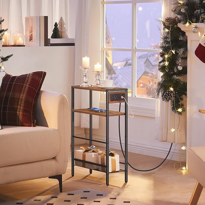 HOOBRO Small Narrow Side Table with Charging Station, Skinny End Table for Small Spaces, Slim Nightstand with USB Ports Outlet, Sofa Beside Table with Storage Shelf, Rustic Brown and Black BF102UBZ01