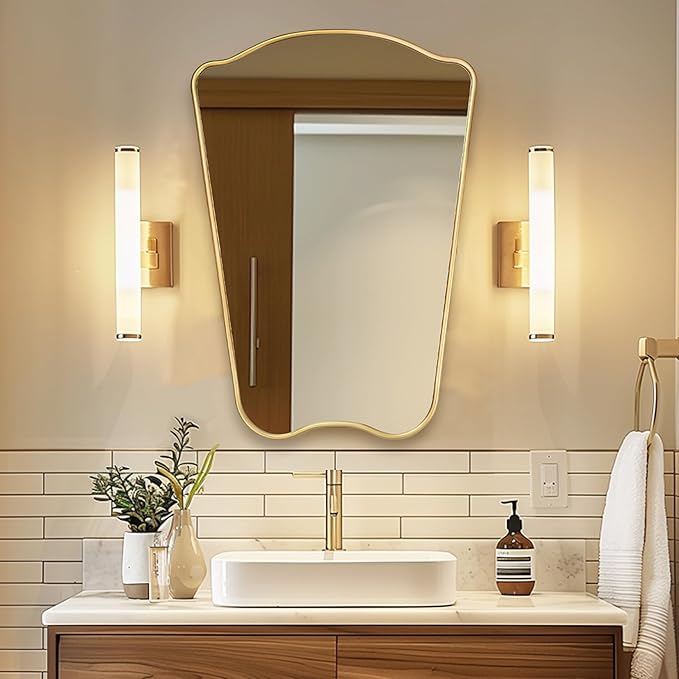 PERFNIQUE Gold Bathroom Mirror Irregular Wall Mirror, 32'' x 23'' Wood Framed Mirror, Decorative Vintage Mirror, Modern Vanity Mirror for Over Sink Bathroom Living Room Entryway, Modern Wall Decor